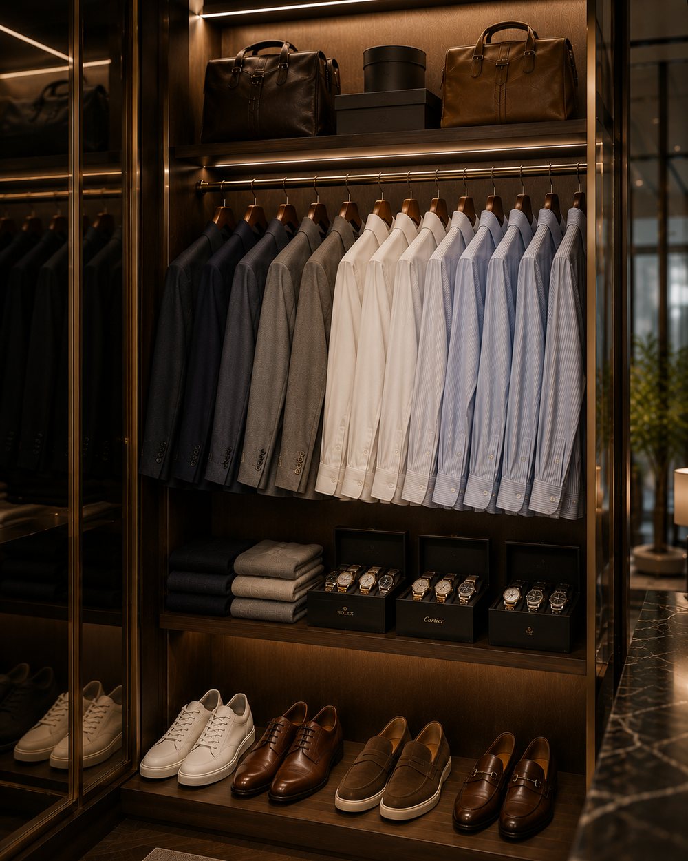 Guarda-roupa masculino aberto: blazers, camisas e malhas arrumadas, com sapatos de couro em baixo.