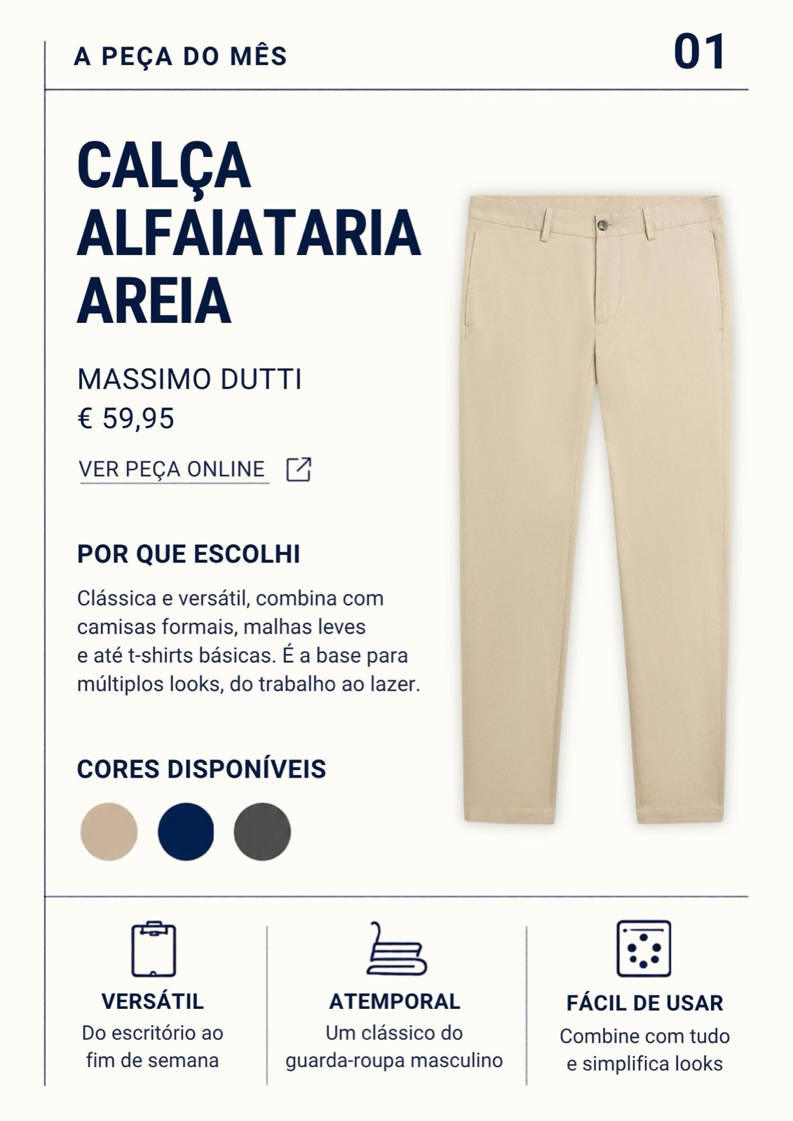 Página 01 — A peça do mês: calça de alfaiataria areia, Massimo Dutti, 59,95 €.