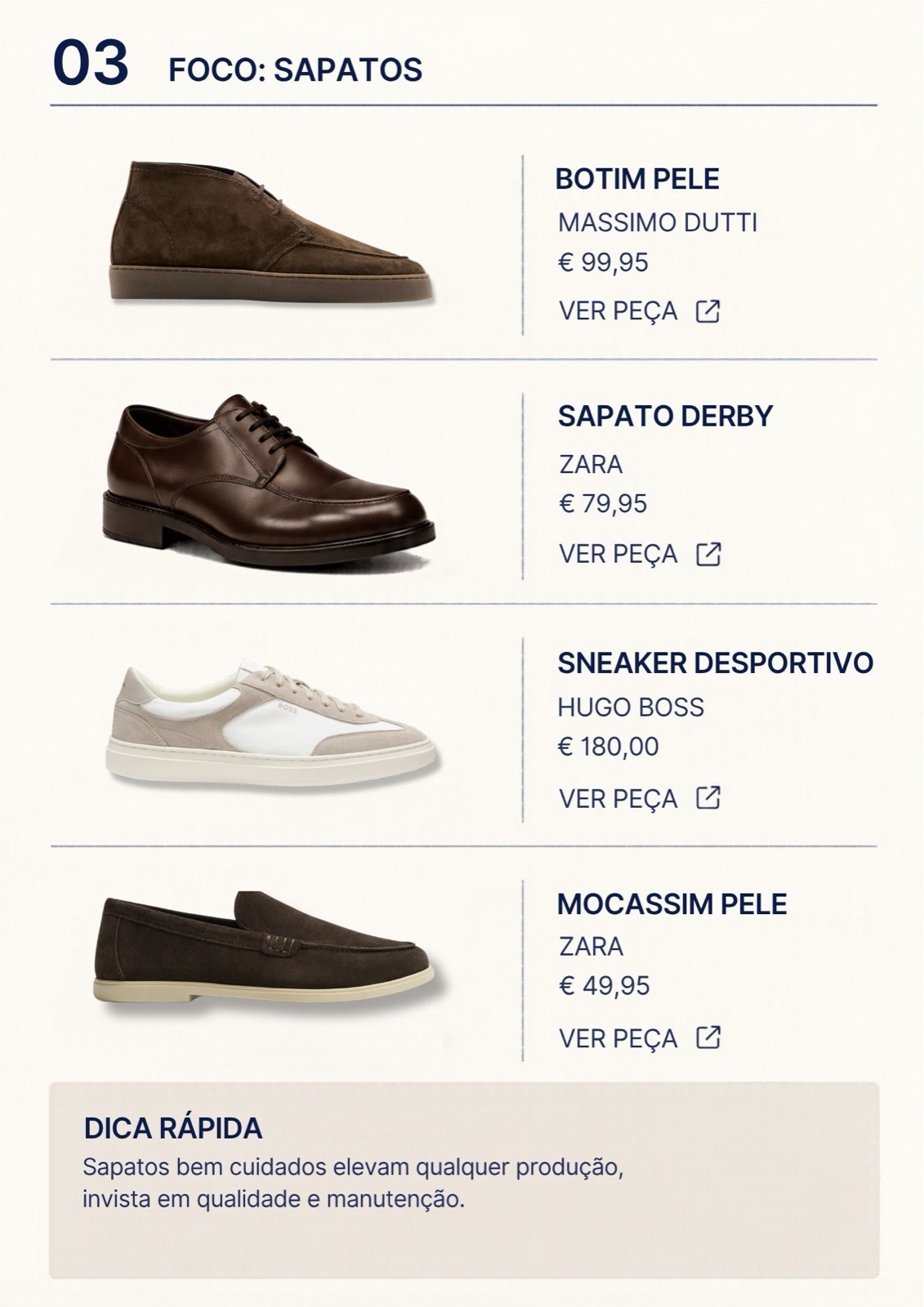 Página 03 — Foco: sapatos. Botim, sapato derby, sneaker desportivo e mocassim, com preço e link.