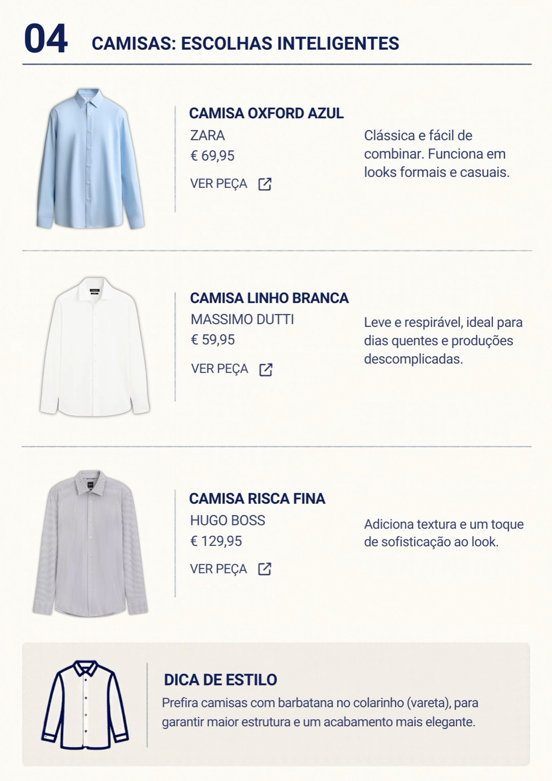 Página 04 — Camisas: escolhas inteligentes. Oxford azul, linho branca e risca fina.