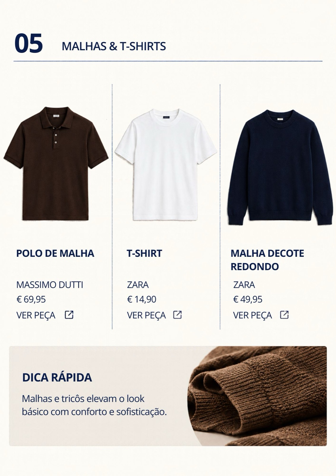 Página 05 — Malhas e t-shirts: polo de malha, t-shirt e malha de decote redondo.